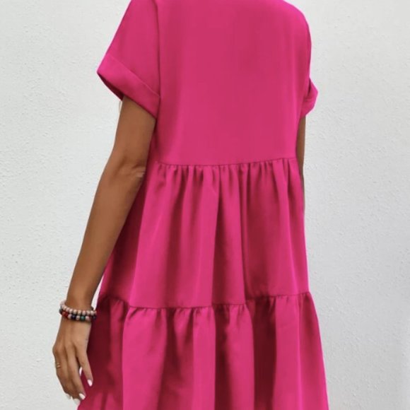 Shein Roll Cuff Ruffle Hem Solid Dress - Picture 2 of 4